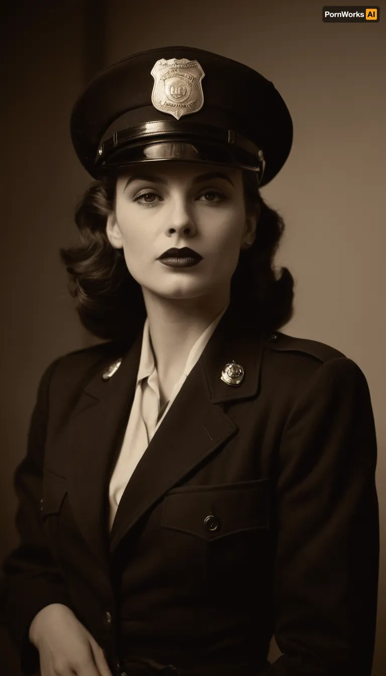 (Monochrome photograph:1.5), (film grain:1.5), Beautiful female 1940s Chicago police officer in a vintage police mugshot style photo. Slim but strong build, fair skin, bold lipstick, hair neatly styled in 1940s waves under a tilted police cap, large bimbo breasts. Wearing an authentic 1940s Chicago police uniform, navy jacket with brass buttons and badge. Shot up against a plain wall with height chart markings, holding a vintage mugshot placard with serial numbers. Black and white photography, grainy 1940s film texture, harsh flash lighting, slightly faded and worn look, authentic period accuracy.