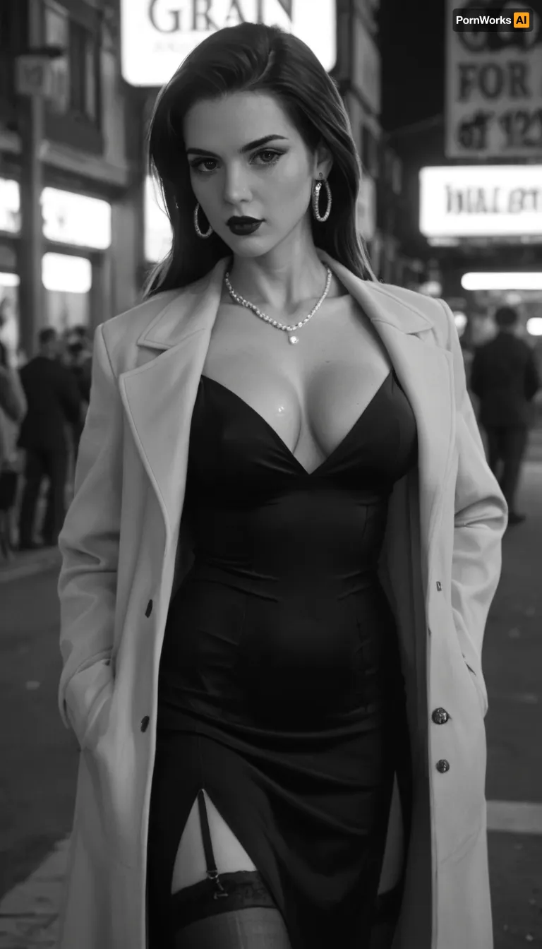 (Monochrome photograph:1.5), (film grain:1.5), Beautiful 1940s female Chicago prostitute working in a film noir setting. Slim and elegant with classic mid-century beauty, bold lipstick, styled hair, sharp confident eyes, large bimbo breasts. Wearing a suggestive 1940s street outfit, fur-collared open coat over a short side slit fitted dress, stockings, subtle jewelry. Standing under a glowing neon sign outside a smoky jazz club on a rainy Chicago street, cigarette in hand, her expression watchful and calculating. Shadows of suspicious figures in the background. Black and white noir photography, grainy 1940s film texture, dramatic moody lighting, tense and cinematic atmosphere.