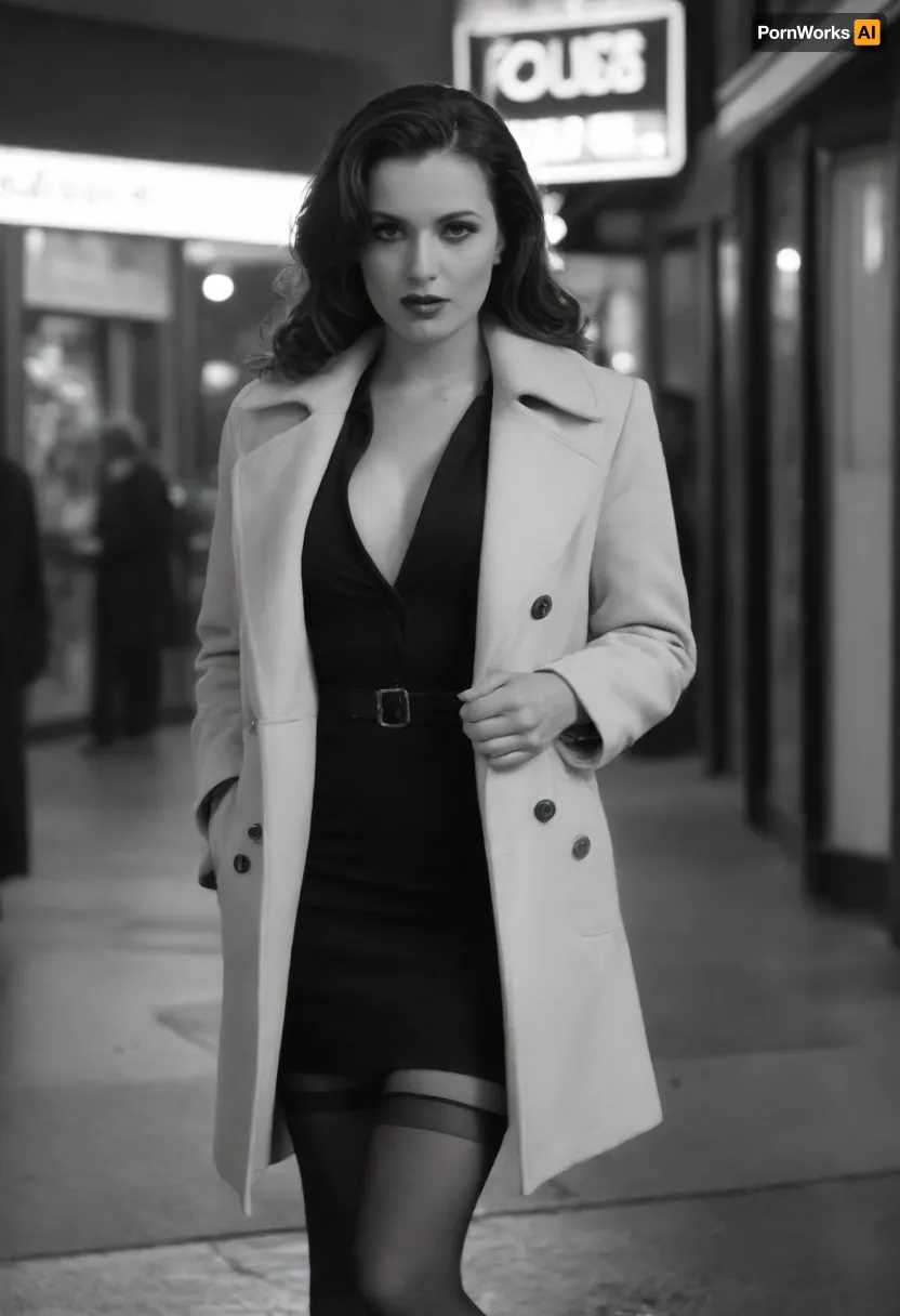 (Monochrome photograph:1.5), (film grain:1.5), Beautiful 1940s female Chicago police officer working undercover in a film noir setting. Slim and elegant with classic mid-century beauty, bold lipstick, softly curled hair, sharp confident eyes. Wearing a modest but suggestive 1940s street outfit, fur-collared coat draped over a short fitted dress, stockings, subtle jewelry. Standing under a glowing neon sign outside a smoky jazz club on a rainy Chicago street, cigarette in hand, her expression watchful and calculating. Shadows of suspicious figures in the background. Black and white noir photography, grainy 1940s film texture, dramatic moody lighting, tense and cinematic atmosphere.