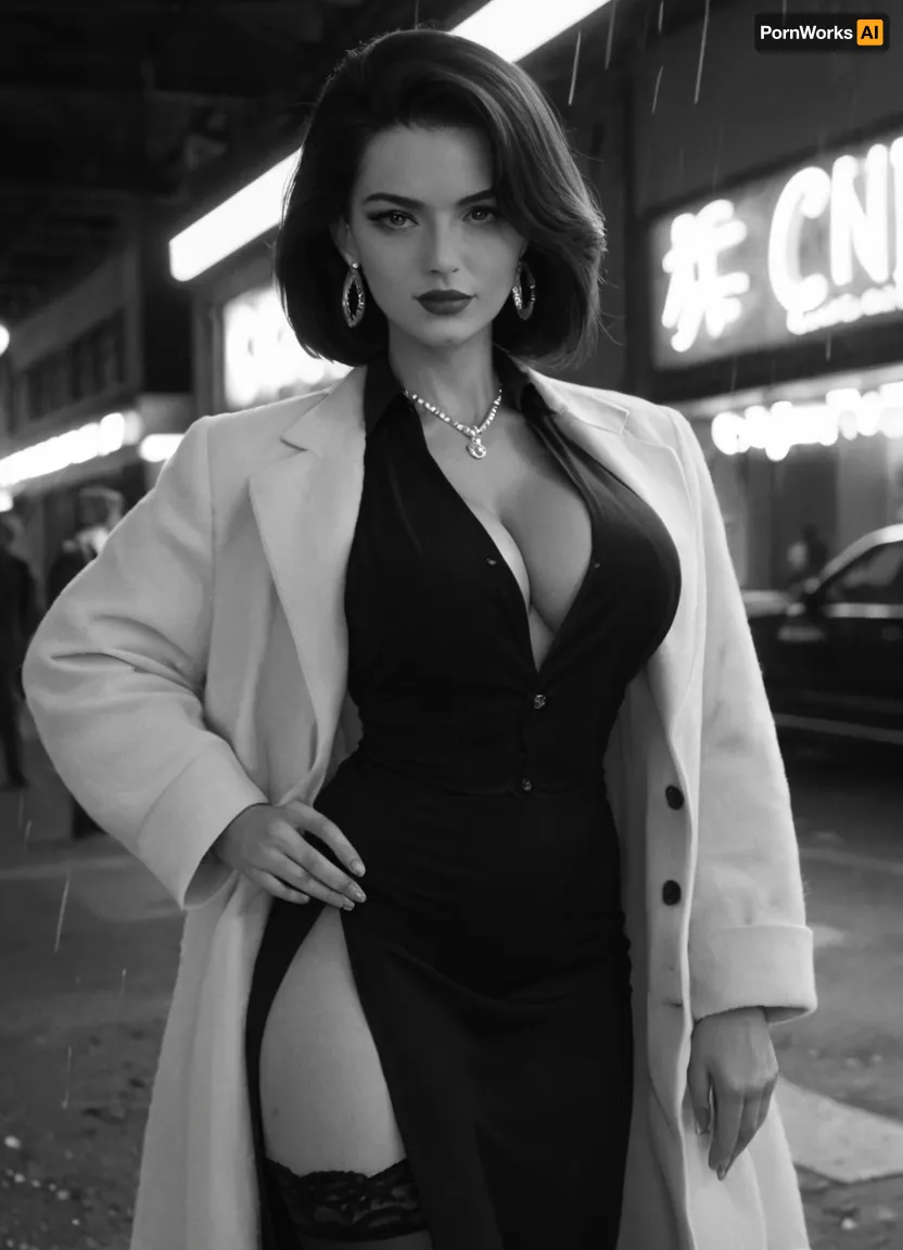 (Monochrome photograph:1.5), (film grain:1.5), Beautiful 1940s female Chicago prostitute working in a film noir setting. Slim and elegant with classic mid-century beauty, bold lipstick, styled hair, sharp confident eyes, large bimbo breasts. Wearing a suggestive 1940s street outfit, fur-collared open coat over a short side slit fitted dress, stockings, subtle jewelry. Standing under a glowing neon sign outside a smoky jazz club on a rainy Chicago street, cigarette in hand, her expression watchful and calculating. Shadows of suspicious figures in the background. Black and white noir photography, grainy 1940s film texture, dramatic moody lighting, tense and cinematic atmosphere.