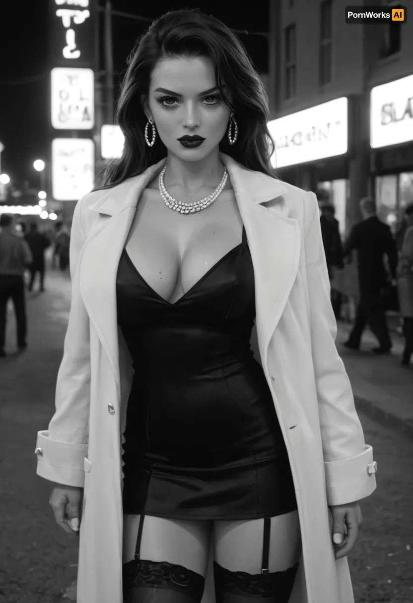 (Monochrome photograph:1.5), (film grain:1.5), Beautiful 1940s female Chicago prostitute working in a film noir setting. Slim and elegant with classic mid-century beauty, bold lipstick, styled hair, sharp confident eyes, large bimbo breasts. Wearing a suggestive 1940s street outfit, fur-collared open coat over a short side slit fitted dress, stockings, subtle jewelry. Standing under a glowing neon sign outside a smoky jazz club on a rainy Chicago street, cigarette in hand, her expression watchful and calculating. Shadows of suspicious figures in the background. Black and white noir photography, grainy 1940s film texture, dramatic moody lighting, tense and cinematic atmosphere.