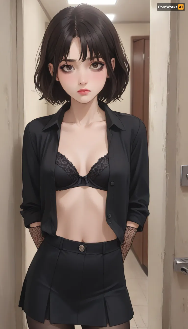 A girl, 18 years old, thin. Black hair, double parting, brown eyes, black mascara around the eyes, gothic makeup. Small, firm breasts, wearing a black shirt, the shirt is unbuttoned, revealing a black bra, long mesh gloves, a short skirt, and black mesh tights. Her face is sad, and she is standing in the hallway of her house, by the door., <lora:outline_xl_kohaku_delta_spv5x:1.6>, <lora:NEOTOKIOXL_0.2_RC:.7>, <lora:Ppolar-P3v1-NbVp10:1.6>, <lora:cartoon_stickers_xl_v1:1.2>, <lora:EnvyStylizedXL01:1.8>