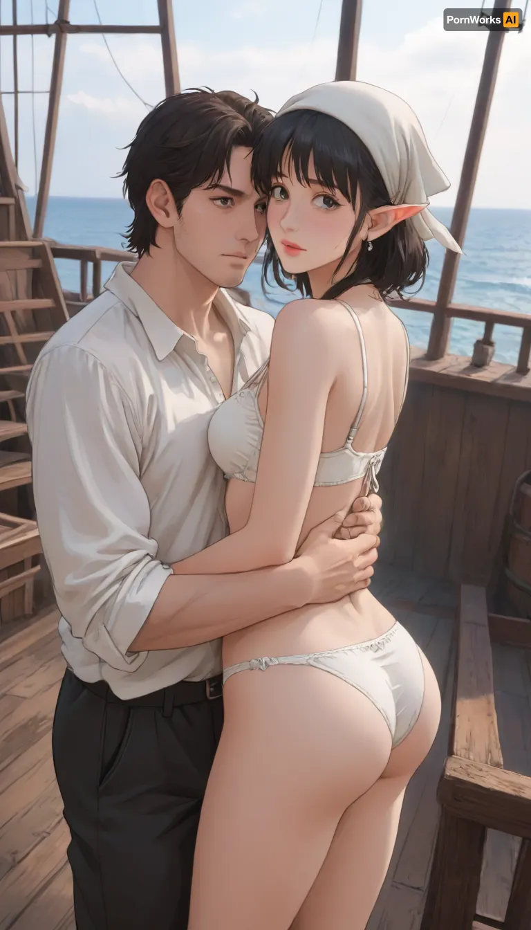 A human male. and a short and thin elf girl standing on the deck at the helm of a wooden ship. 19th century, fantasy world. A human male, tall, handsome face, crop haircut, black hair, black . Dressed in Corsair clothes, headscarf. A short and thin elf girl standing hugging a man, she is wearing a torn dress, bra and panties are visible, she has small and a butt. Sea, ship black pearl., <lora:outline_xl_kohaku_delta_spv5x:1.6>, <lora:NEOTOKIOXL_0.2_RC:.7>, <lora:Ppolar-P3v1-NbVp10:1.6>, <lora:cartoon_stickers_xl_v1:1.2>, <lora:EnvyStylizedXL01:1.8>