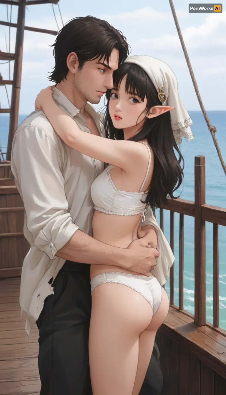 A human male. and a short and thin elf girl standing on the deck at the helm of a wooden ship. 19th century, fantasy world. A human male, tall, handsome face, crop haircut, black hair, black . Dressed in Corsair clothes, headscarf. A short and thin elf girl standing hugging a man, she is wearing a torn dress, bra and panties are visible, she has small and a butt. Sea, ship black pearl., <lora:outline_xl_kohaku_delta_spv5x:1.6>, <lora:NEOTOKIOXL_0.2_RC:.7>, <lora:Ppolar-P3v1-NbVp10:1.6>, <lora:cartoon_stickers_xl_v1:1.2>, <lora:EnvyStylizedXL01:1.8>
