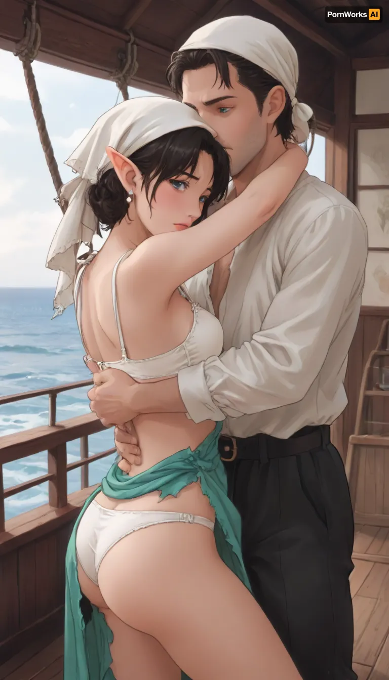 A human male. and a short and thin elf girl standing on the deck at the helm of a wooden ship. 19th century, fantasy world. A human male, tall, handsome face, crop haircut, black hair, black . Dressed in Corsair clothes, headscarf. A short and thin elf girl standing hugging a man, she is wearing a torn dress, bra and panties are visible, she has small and a butt. Sea, ship black pearl., <lora:outline_xl_kohaku_delta_spv5x:1.6>, <lora:NEOTOKIOXL_0.2_RC:.7>, <lora:Ppolar-P3v1-NbVp10:1.6>, <lora:cartoon_stickers_xl_v1:1.2>, <lora:EnvyStylizedXL01:1.8>