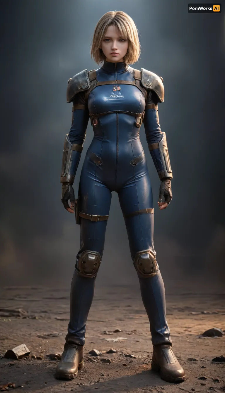 Fallout, Vault Girl, blue jumpsuit with leather shoulder harness and leather protective pads, long legs, symbolism, full-length, sketch, graphic, gray-brown, black background, cell-shading, traces of movement visualization, acceleration effect, Wet watercolor sketch streaks, Cyberpunk, Grunge, The harsh strokes of eroticart, Arush Votsmush, in, the, style, of, fallout-power-armor, <lora:fallout-power-armor-sdxl-v1-000056:.8>