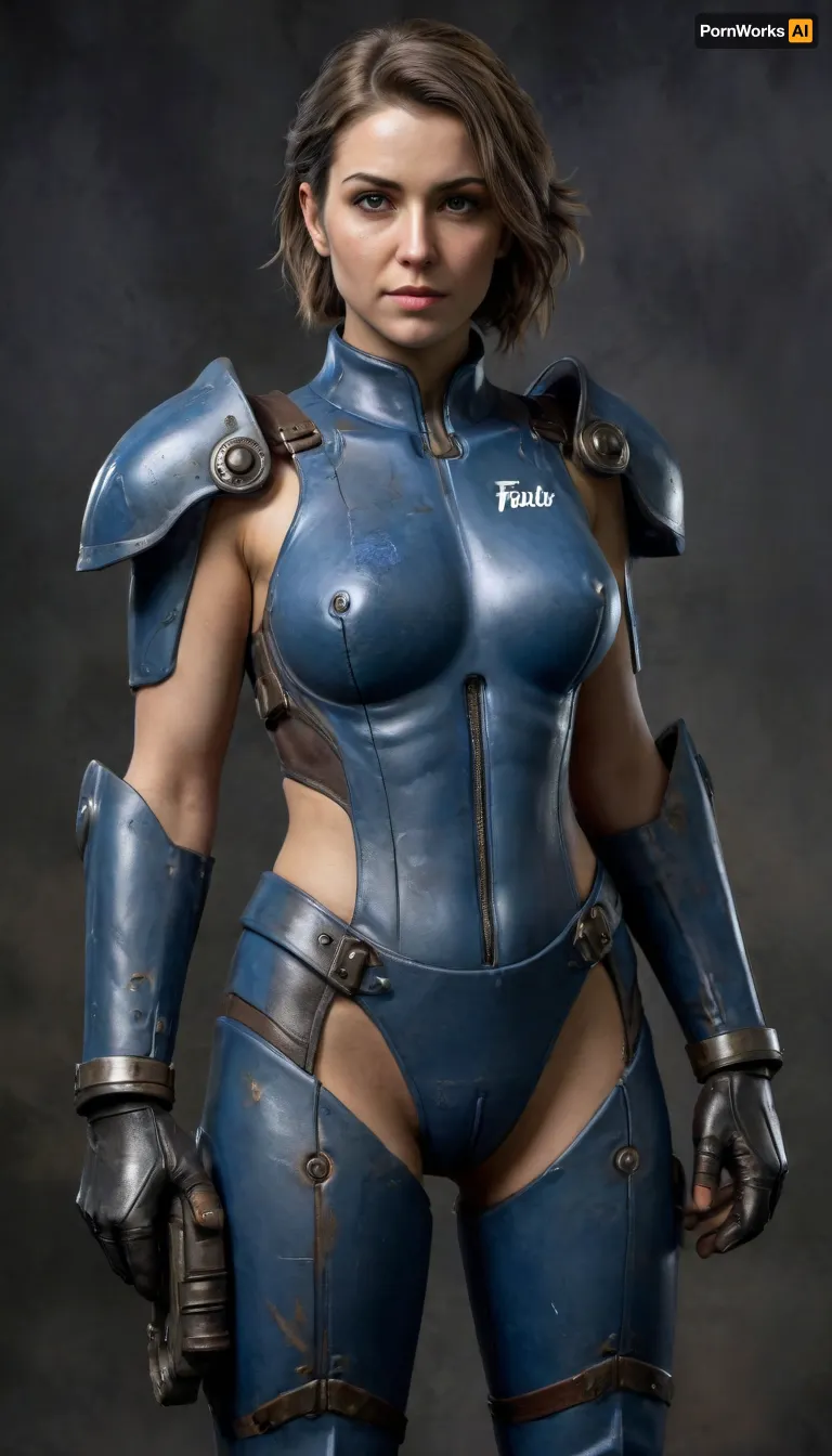 Fallout, Vault Girl, blue jumpsuit with leather shoulder harness and leather protective pads, long legs, symbolism, full-length, sketch, graphic, gray-brown, black background, cell-shading, traces of movement visualization, acceleration effect, Wet watercolor sketch streaks, Cyberpunk, Grunge, The harsh strokes of eroticart, Arush Votsmush, in, the, style, of, fallout-power-armor, <lora:fallout-power-armor-sdxl-v1-000056:.8>
