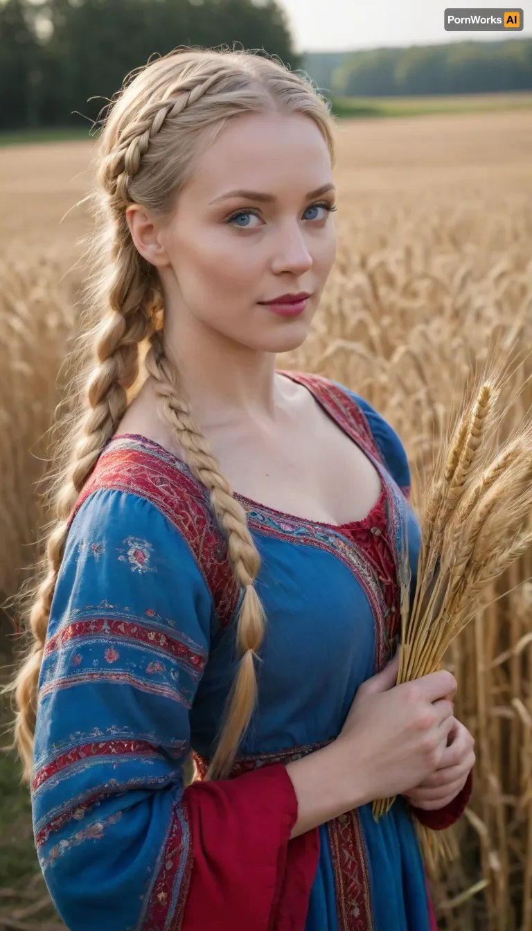 a blonde woman is walking though a weight feild, she is looking thoughtful while walking but happy. The character is a woman a white women with pale skin and blonde hair and blue eyes and multiple braids, She is wearing a vibrant Ukrainian Vyshivanka dress with intricate patterns blue dress, and her lips are painted a striking red. She is holding Wheat Bunch. Behind her, a mindmill is visible in the distance with four blades moving, the whole image has strong summer theme and is outdoors in the country side golden light with a blue sky