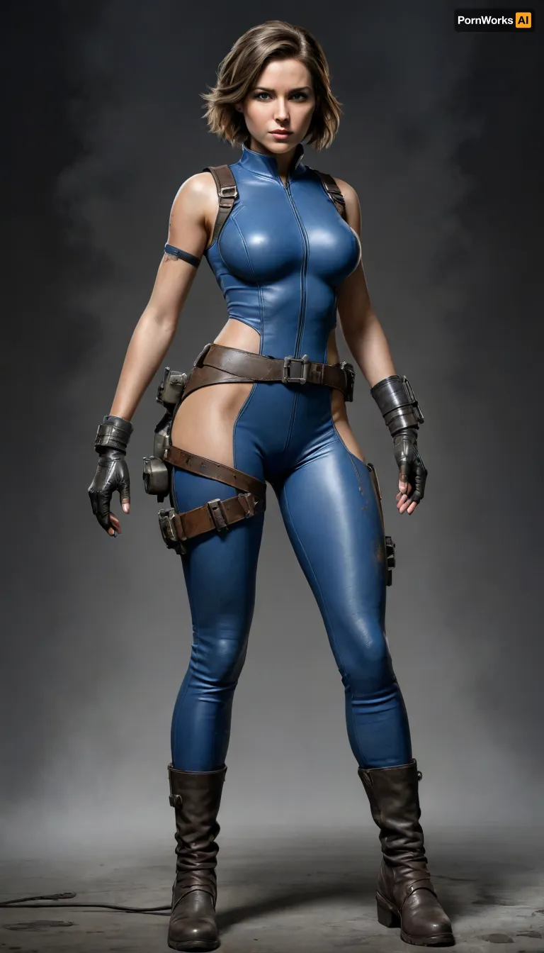 Fallout, Vault Girl, blue jumpsuit with leather shoulder harness and leather protective pads, long legs, symbolism, full-length, sketch, graphic, gray-brown, black background, smoke, cell-shading, traces of movement visualization, acceleration effect, Wet watercolor sketch streaks, Cyberpunk, Grunge, The harsh strokes of eroticart, Arush Votsmush