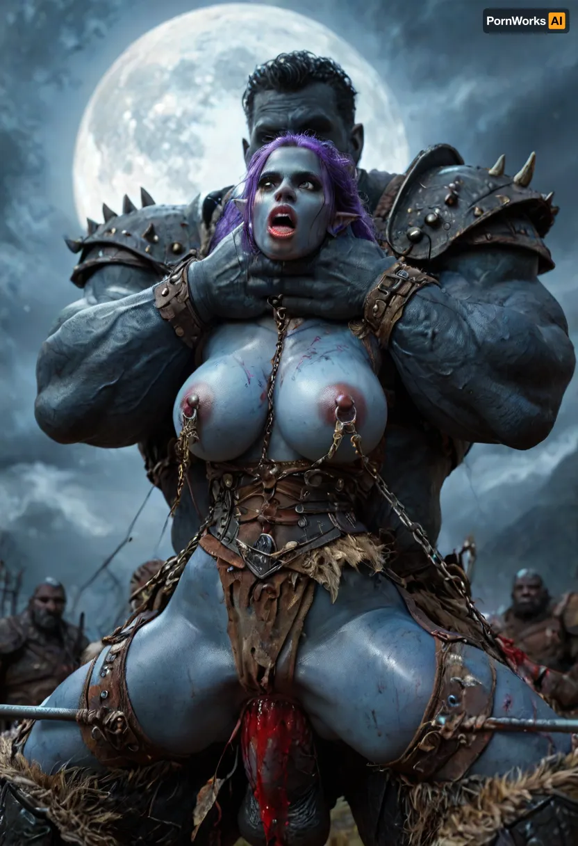 ((female drow elf barbarian, (dark night blue skin:1.82), tall, angry, busty, curvy, thin waist, big boobs, big butt, slim, fit, vitiligo, strong, fur pelt armor, dungeons and dragons, purplish blue skin, black and purple hair)), Dark, Elf, Warrior, Drow, tattooed, scarred, purple eyes, blue skin, amazon, giant, fur barbarian armor, bloody, blood spatter, bear, bear heart, (in a bloody filed after a battle, white full moon in the sky:1.4), (large heavy nipple rings:1.5), (leg spreader bar:1.2), (man is choking her from behind:1.4), ((hogtied, bound with large chains, tied to a torture table:1.3)), cock in mouth, (brutal face fuck), Blowjob, (tears in eyes:1.5), (running makeup), (cum drips from nose:1.3), (cum drips from mouth:1.3), ultra hd, photorealistic, hyper gigantic large black cock in mouth, (((hyper gigantic large black cock in mouth:1.3))), oral cream pie, hair grab, sad, sad crying, tongue out, gasping for air, zavy-brbrn, gangbang, double anal penetration, anal spitroast, groupsex, deepthroat, (4 gigantic African black brute thug, huge trunklike arms, huge head, hyper muscular body, dressed in slave clothes:1.36), (gigantic African black brute thug, gangbang, double anal, anal spit roast, double penetration:1.14), ((hogtied, bound for sex, tied up)), (((hyper gigantic large white cock in mouth:1.3))), (pulled nipples:1.2), nipple clamps, (((spit roast))), (((hyper large cock in mouth:1.3))), screaming, shocked, deep anal penetration, Uber realistic, 8k, ultra detailed, masterpiece, 35mm photograph, film, professional, 4k, 1girl, 5 boys, hdr, photographic, ultra realistic, ultra high details, back light, (front view), (dynamic pose), best quality, anal sex, with large muscular black men, gargantuan black cocks, anal sex expansion, large hyper muscular fat old men, (double anal sex), swollen white veiny cocks, (double anal penetration), hardcore double penetration, proper physics, big white cocks, muscular white double anal gangbang, (forceful penetrations), extremely graphic, shocked expression, beautiful hands, massive cum in ass defeating a woman in combat, fighting, killing, blood, winning fight, magazine cover, Realism_Quality_2xx_By_Stable_Yogi, score_9, score_8_up, score_7_up, (((very pretty face:1.3))), (((extremely ultra detailed face:1.3))), perfect fingers and hands, upper body view, (extreme size difference:1.6), (ultra realistic), (maximum quality), (high resolution), (extreme detail), (ultra realism), UHD, super high quality, highly detailed, high resolution, perfect lighting, natural lighting, (dynamic angle), (random angle), (random pose), (dynamic view), (random view), volumetric lighting, golden hour lighting, dramatic shadows, nature-inspired color palette, a, zavy-brbrn-sdxl, 2>, <lora:detailed_notrigger:2>, <lora:CinematicStyle_v1:2>, <lora:MJ52:2>, <lora:zavy-brbrn-sdxl:2>, <lora:LCMTurboMix_Euler_A_fix:2>