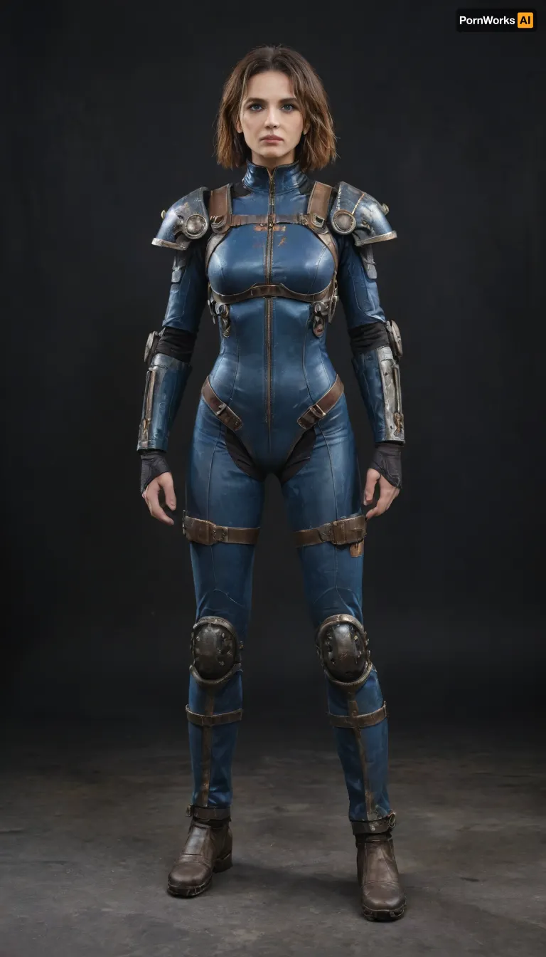 Fallout, Vault Girl, blue jumpsuit with leather shoulder harness and leather protective pads, long legs, symbolism, full-length, sketch, graphic, gray-brown, black background, cell-shading, traces of movement visualization, acceleration effect, Wet watercolor sketch streaks, Cyberpunk, Grunge, The harsh strokes of eroticart, Arush Votsmush, in, the, style, of, fallout-power-armor, <lora:fallout-power-armor-sdxl-v1-000056:.8>