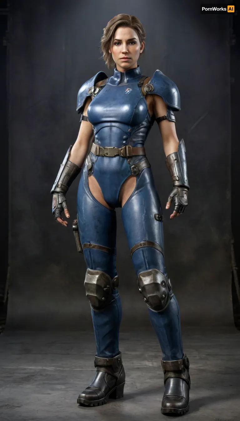 Fallout, Vault Girl, blue jumpsuit with leather shoulder harness and leather protective pads, long legs, symbolism, full-length, sketch, graphic, gray-brown, black background, cell-shading, traces of movement visualization, acceleration effect, Wet watercolor sketch streaks, Cyberpunk, Grunge, The harsh strokes of eroticart, Arush Votsmush, in, the, style, of, fallout-power-armor, <lora:fallout-power-armor-sdxl-v1-000056:.8>