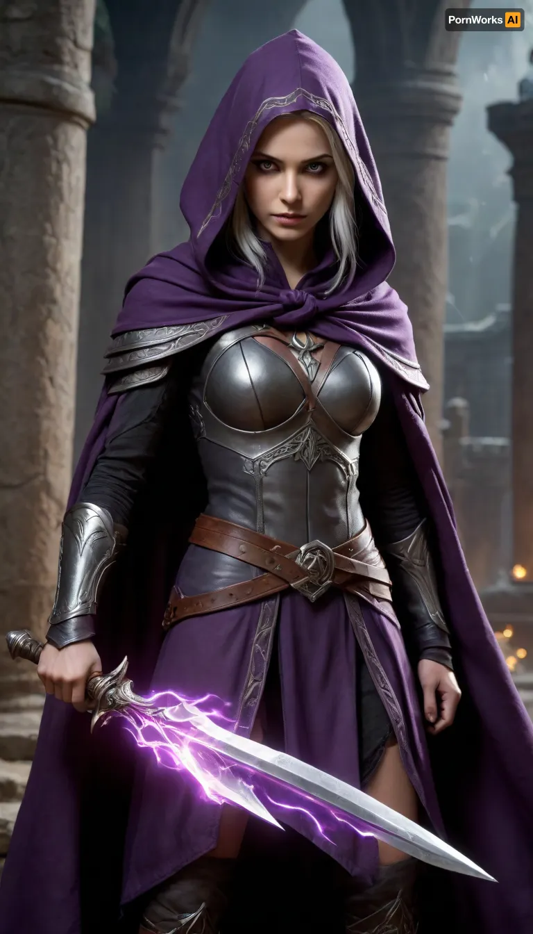 Beautiful female elf shadow monk warrior from Dungeons & Dragons 5e, (2024), . Slim and athletic with graceful elven features, pale flawless skin, sharp angular face, glowing eyes of deep violet, and long silver hair tied back for battle. Wearing a dark hooded cloak of protection that shimmers faintly with magical wards, and elegant bracers of defense engraved with glowing runes. Clad in shadowy monk attire, form-fitting leather and cloth armor, designed for agility and stealth. Dual-wielding two razor-sharp daggers, each catching faint moonlight. Standing in a moonlit ruined temple, shadows swirling around her form as if alive, ready to strike. Ultra-realistic high fantasy art, highly detailed, cinematic dramatic lighting, mystical and dangerous atmosphere.