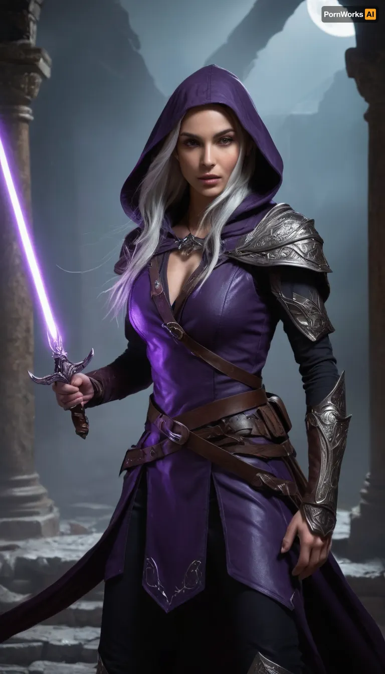 Beautiful female elf shadow monk warrior from Dungeons & Dragons 5e, (2024), . Slim and athletic with graceful elven features, pale flawless skin, sharp angular face, glowing eyes of deep violet, and long silver hair tied back for battle. Wearing a dark hooded cloak of protection that shimmers faintly with magical wards, and elegant bracers of defense engraved with glowing runes. Clad in shadowy monk attire, form-fitting leather and cloth armor, designed for agility and stealth. Dual-wielding two razor-sharp daggers, each catching faint moonlight. Standing in a moonlit ruined temple, shadows swirling around her form as if alive, ready to strike. Ultra-realistic high fantasy art, highly detailed, cinematic dramatic lighting, mystical and dangerous atmosphere.
