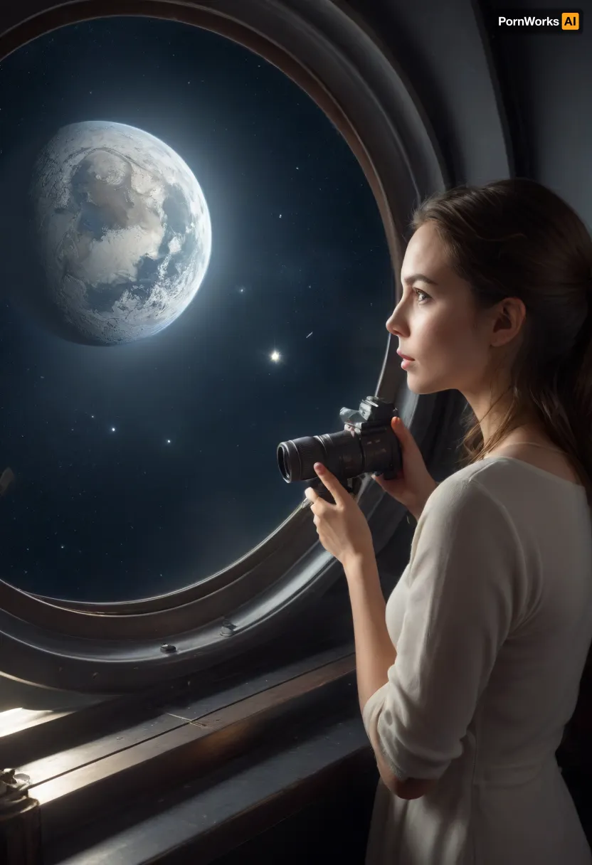 A cyborg astronomer asin girl in a spaceship observatory looks through a telescope at a, (passing comet:1.7), (masterpiece), (photorealistic:1.2), (ultra-detail), (best quality), (volumetric lighting), (full frame)
