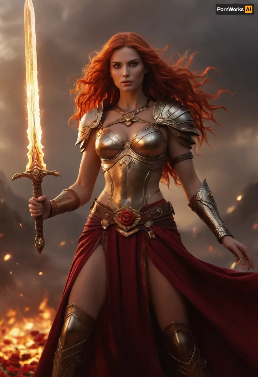 Female Path of the Zealot barbarian, divine champion of Sune, radiant and fierce. Tall and powerful athletic build, glowing with divine vitality. Strikingly beautiful features that echo her goddess, flowing fiery red hair that shimmers like flame, flawless skin with a warm golden glow, eyes sparkling with passion and fire, large bimbo breasts. Wearing a mix of barbarian armor and divine regalia, furs and leathers combined with flowing crimson and rose-colored silks, golden jewelry shaped like roses and suns. Wielding a massive greatsword engraved with radiant symbols, glowing faintly with holy fire. A magical aura of beauty and love surrounds her even in fury. Standing on a battlefield at dawn, fallen enemies at her feet, petals of roses drifting on the wind, holy light radiating from above. Ultra-realistic high fantasy art, highly detailed, cinematic lighting, atmosphere of divine fury and sacred beauty.