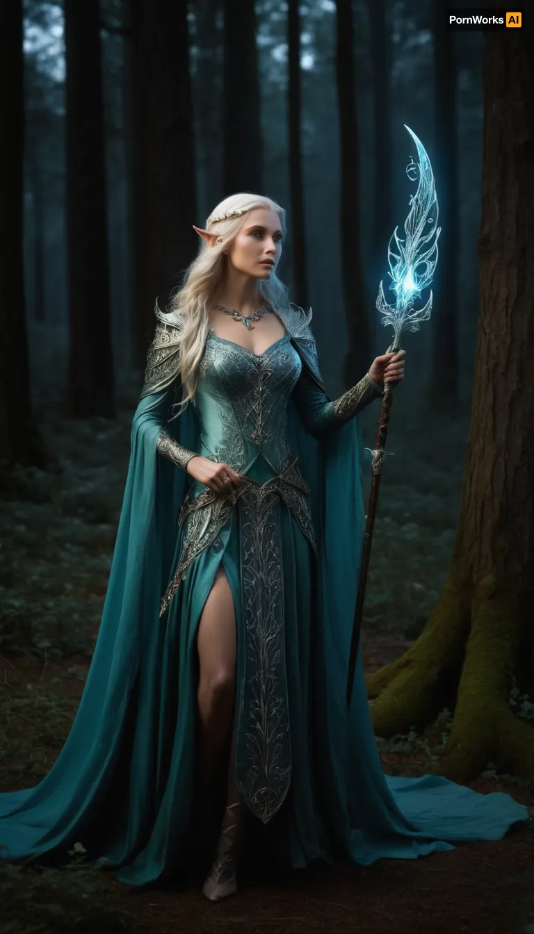 Beautiful female elf warlock, servant of an Archfey patron, regal and otherworldly. Tall and elegant with a slim but powerful build, flawless pale skin with a faint shimmer, sharp angular elven features, long flowing silver hair, and piercing emerald eyes glowing faintly with fey magic. Wearing enchanted ornate plate armor shaped with flowing natural motifs, leaves, vines, and silver filigree, glowing with faint green and violet arcane light. A cloak of deep twilight blue billows behind her. Wielding a glaive with an ethereal crystalline blade that hums with fey power, runes glowing along the shaft. Standing in a moonlit forest clearing where flowers bloom at her feet, glowing will-o’-wisps and faint arcs of faerie fire floating in the air. Ultra-realistic high fantasy art, highly detailed, cinematic magical lighting, atmosphere of beauty, danger, and fey majesty.