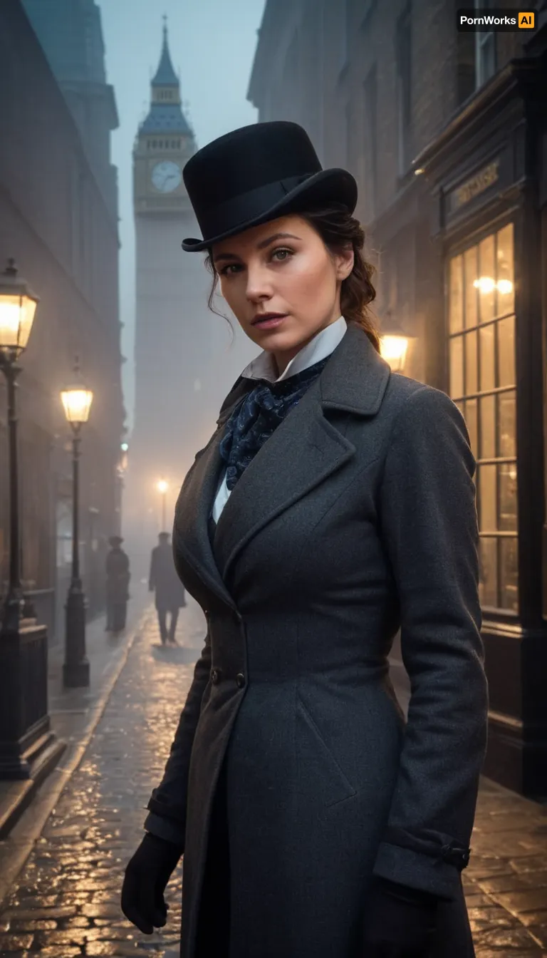 Beautiful female detective inspired by Sherlock Holmes, Victorian London setting. Slim and elegant build, fair skin, sharp intelligent eyes, and dark hair tied up neatly or tucked under a deerstalker hat, large bimbo breasts. Wearing a tailored Victorian-era detective outfit, long fitted coat, waistcoat, crisp shirt, cravat, and trousers. Standing in a foggy cobblestone London street under a gaslamp, Big Ben faintly visible in the mist. Her expression is calm, calculating, and observant, with clues scattered at her feet. Ultra-realistic Victorian detective art, highly detailed, cinematic moody lighting, atmospheric, mysterious, and brilliant.