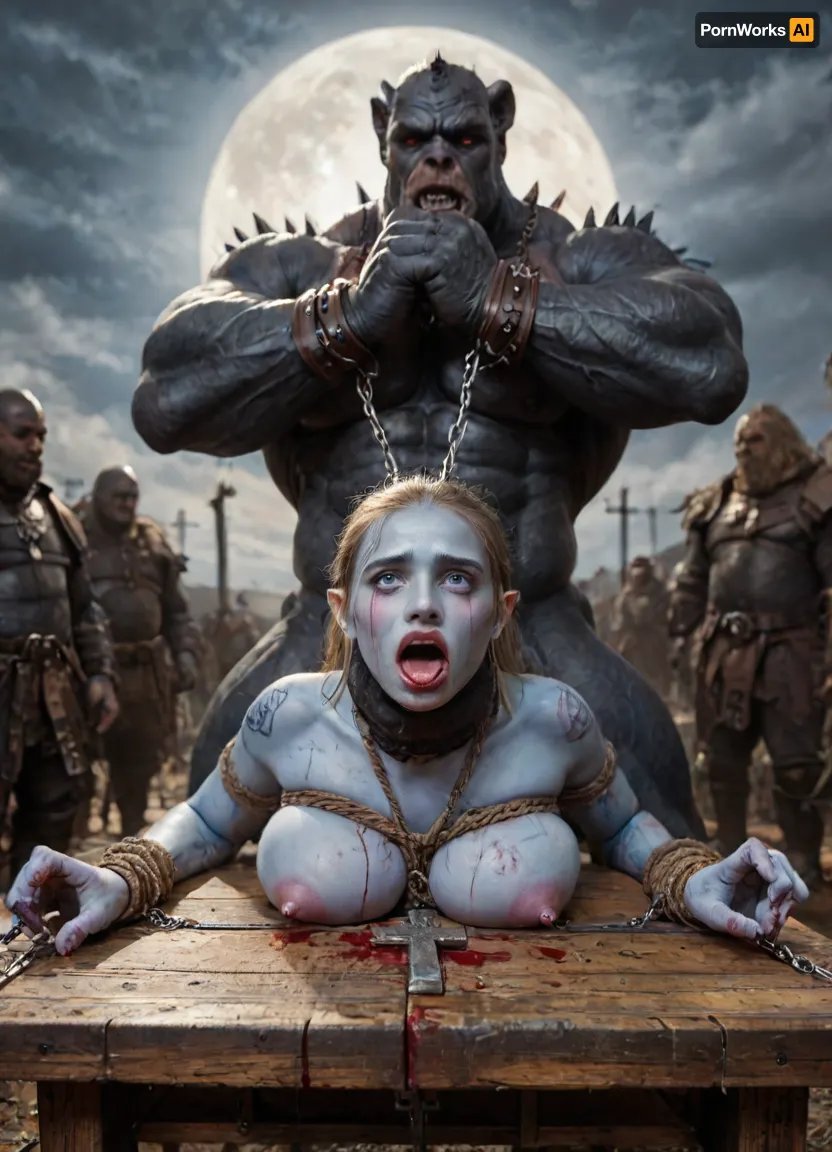 female drow elf barbarian, (blue skin:1.82), tall, angry, busty, curvy, thin waist, big boobs, big butt, slim, fit, vitiligo, strong, fur pelt armor, dungeons and dragons, purplish blue skin, black and purple hair, Dark, Elf, Warrior, Drow, tattooed, scarred, purple eyes, blue skin, amazon, giant, fur barbarian armor, bloody, blood spatter, bear, bear heart, (in a bloody filed after a battle, white full moon in the sky:1.4), (man is choking her from behind:1.4), ((hogtied, bound with large chains, crucified to a torture table, spikes through hands:1.3)), (torture:1.32), (large sharp sword in anus:1.12), cock in mouth, (brutal face fuck), Blowjob, (tears in eyes:1.5), (running makeup), (cum drips from nose:1.3), (cum drips from mouth:1.3), ultra hd, photorealistic, hyper gigantic large black cock in mouth, (((hyper gigantic large black cock in mouth:1.3))), oral cream pie, hair grab, sad crying, tongue out, gasping for air, zavy-brbrn, gangbang, double anal penetration, anal spitroast, groupsex, deepthroat, (4 gigantic African black brute thug, huge trunklike arms, huge head, hyper muscular body, dressed in slave clothes:1.32), ((hogtied, bound for sex, tied up)), (((hyper gigantic large white cock in mouth:1.3))), (pulled nipples:1.2), nipple clamps, (((spitroast))), (((hyper large cock in mouth:1.3))), screaming, shocked, deep anal penetration, Uber realistic, 8k, ultra detailed, masterpiece, arched back, detailxl, 35mm photograph, film, professional, 4k, 1girl, 5 boys, hdr, photographic, ultra realistic, ultra high details, back light, (front view), (dynamic pose), best quality, incredibly lean body, anal sex, with large muscular black men, gargantuan black cocks, large hyper muscular fat old men, (double anal sex), swollen white veiny cocks, (double anal penetration), hardcore double penetration, proper physics, big white cocks, muscular white double anal gangbang, (forceful penetrations), extremely graphic, shocked expression, beautiful hands, defeating a woman in combat, fighting, killing, blood, winning fight, magazine cover, Realism_Quality_2xx_By_Stable_Yogi, score_9, score_8_up, score_7_up, (((very pretty face:1.3))), (((extremely ultra detailed face:1.3))), perfect fingers and hands, upper body view, (extreme size difference:1.6), (ultra realistic), (maximum quality), (high resolution), (extreme detail), (ultra realism), UHD, super high quality, highly detailed, high resolution, perfect lighting, natural lighting, (dynamic angle), (random angle), (random pose), (dynamic view), (random view), golden hour, rich details, nature-inspired color palette, <lora:Dark_Elf_Warrior:2>, <lora:Drow:2>, <lora:339100_training_data:2>, <lora:zavy-brbrn-sdxl:2>, <lora:LCMTurboMix_Euler_A_fix:2>