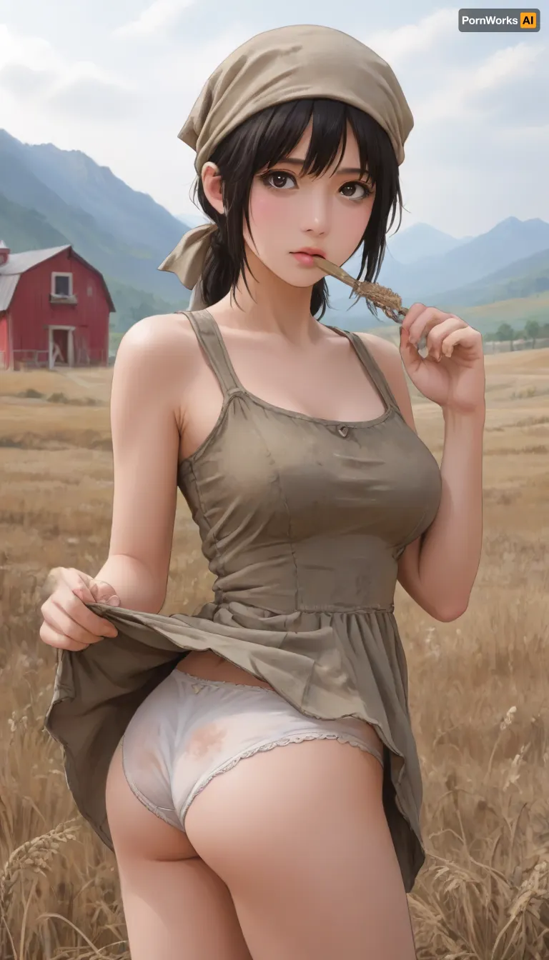 African-American slave, adult black woman, 45 years old, thin, black hair, brown eyes, short stature, working in the field, picking cotton, wearing a dirty dress, large firm breasts, panties, and a firm large ass, 19th century, USA. She is wearing a headscarf. In the background, there are mountains and a barn., <lora:outline_xl_kohaku_delta_spv5x:1.6>, <lora:NEOTOKIOXL_0.2_RC:.7>, <lora:Ppolar-P3v1-NbVp10:1.6>, <lora:cartoon_stickers_xl_v1:1.2>, <lora:EnvyStylizedXL01:1.8>