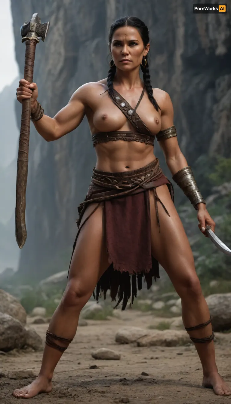 1Female musculous warrior queen, stone age clothes, black hair, 35 yo, muscles, trained mature body, tanned skin, high cheekbones, wrinkles, braided hair, stone age weapons in her hand, barefoot, photorealistic, best quality, very detailed, full body