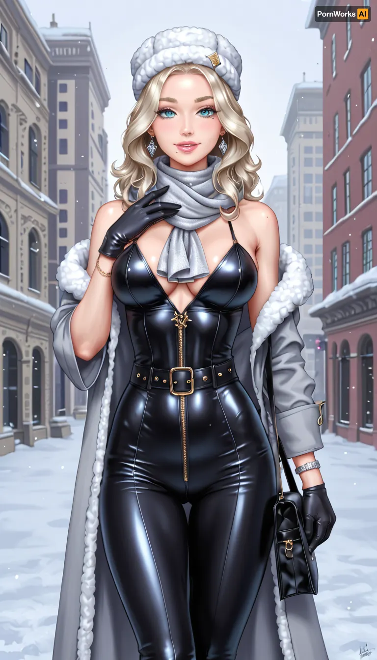 (masterpiece, best quality, highres, photorealistic, ultra-detailed), 1girl, 23-year-old nordic supermodel named Astrid Nyholm, tall statuesque slim curvy body, porcelain fair flawless skin, long silky platinum blonde straight hair with middle part waist-length, forehead smooth and high, defined light brows, ice-blue almond eyes with long curled lashes, double eyelids, straight narrow nose with small symmetrical nostrils, high sharp cheekbones, soft pink cheeks, oval face, glossy full pink lips with beauty mark near lips, small pointed chin, sharp jawline, white even teeth, elegant confident smile, long slender neck, straight shoulders, hidden collarbones, slim arms in black leather gloves, elbows natural, hands elegant under gloves, long fingers and manicured nails concealed, large natural round breasts under coat, firm chest, toned flat stomach, narrow waist, wide hips, round ass, long slender legs, proportional knees, toned thighs, slim calves, delicate ankles, feet in winter heeled boots, wearing deep navy wool coat with belt, grey cashmere scarf, dark grey fitted pants, black leather gloves, wool hat, shoulder bag, diamond stud earrings, silver bracelet, outdoor winter city background, light snow falling, modern architecture, cinematic HDR lighting, soft ambient glow, sharp focus, confident calm expression, elegant posture, <lora:PerfectEyesXL:1>, <lora:Microwaist_XL_v01:.8>, <lora:Beautify-Supermodel-SDXL:1>, <lora:xl_more_art-full_v1:.8>, <lora:add-detail-xl:.8>