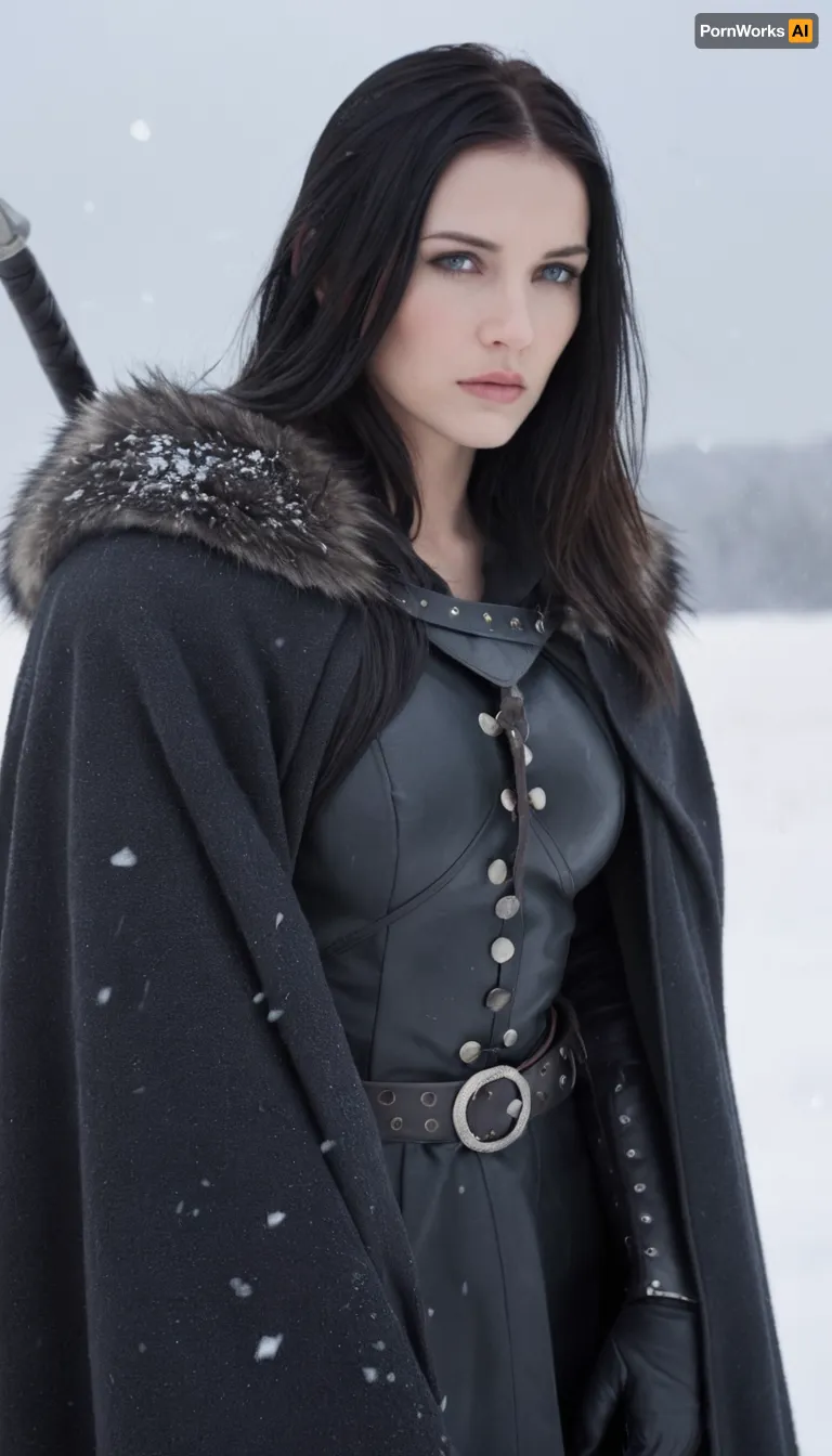 A stoic female warrior inspired by Jon Snow, standing in a snowy battlefield with a solemn, determined expression. She has long dark hair flowing in the wind, pale skin, and sharp, noble features. She wears a black fur cloak over dark leather armor, with a sword resembling Longclaw strapped at her side. Snowflakes drift around her as she gazes into the distance, a mix of strength and vulnerability in her eyes. The scene is cinematic, dramatic, highly detailed, with cold blue-gray tones and epic fantasy atmosphere.