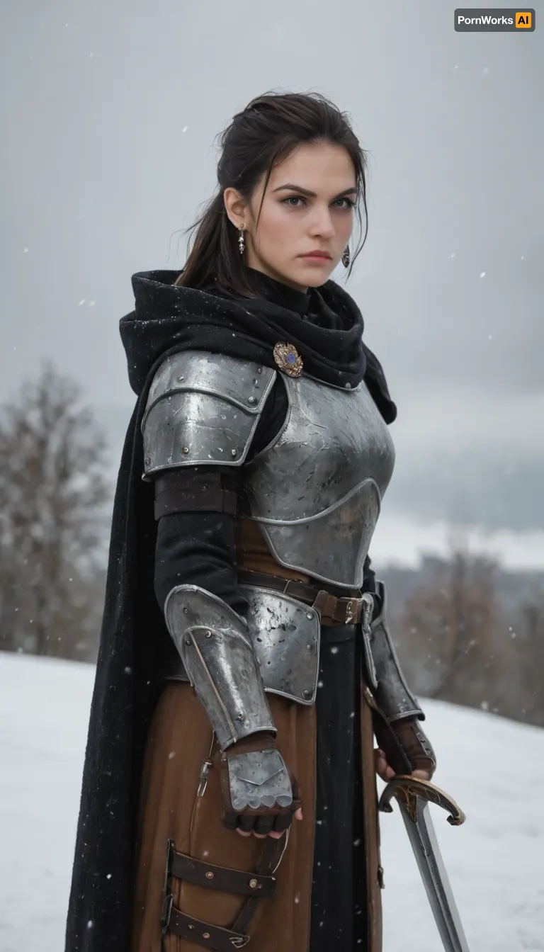 A stoic female warrior inspired by Jon Snow, standing in a snowy battlefield with a solemn, determined expression. She has long dark hair flowing in the wind, pale skin, and sharp, noble features. She wears a black fur cloak over dark leather armor, with a sword resembling Longclaw strapped at her side. Snowflakes drift around her as she gazes into the distance, a mix of strength and vulnerability in her eyes. The scene is cinematic, dramatic, highly detailed, with cold blue-gray tones and epic fantasy atmosphere.