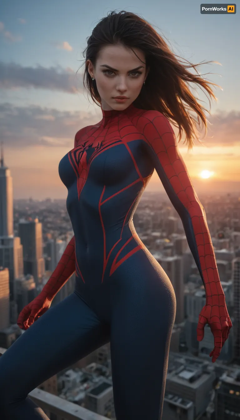 Female version of Spider-Man, athletic and agile superhero. Slim but strong build, sharp determined eyes visible through expressive white eyepieces of the mask. Wearing a sleek red and blue Spider-Man suit with black web patterns, redesigned to fit her feminine form while remaining practical and heroic, ripped and torn suit. Dynamic pose, swinging through a city skyline at sunset with web lines, skyscrapers, and glowing lights in the background. Ultra-realistic cinematic superhero art, highly detailed, dramatic lighting, atmosphere of speed, action, and heroism.