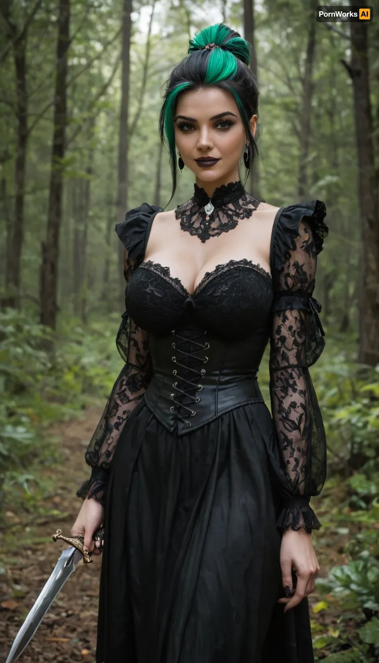 A gothic reimagining of Peter Pan as a young woman with pointed elven-like features and a sly, mischievous smile, large bimbo breasts. She wears a dark green and black corseted tunic with lace and leather accents, tattered sleeves, and short layered skirts with leafy motifs. Black raven feather in her hair, her long raven hair streaked with emerald highlights. She carries a slender dagger with ornate gothic engravings. The setting is a moonlit enchanted forest, with glowing will-o’-the-wisps and twisted trees, creating a dark fairytale atmosphere. Highly detailed fantasy illustration, cinematic lighting, gothic aesthetic.