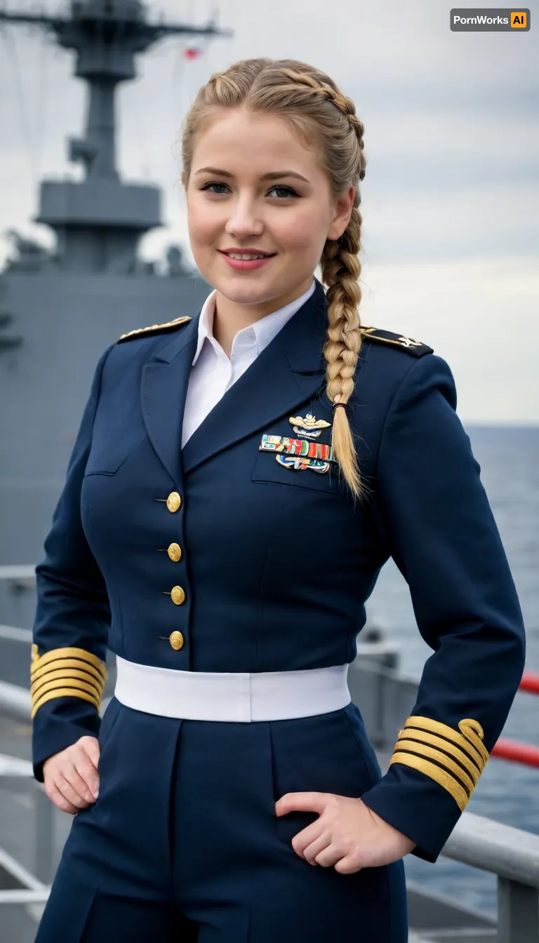 woman, Full body in view. Wide field of view. 25 year old chubby American, 5'11". Flat stomach. Thin face. Blonde braided hair. Navy Uniform. Standing. Face leaning forward. Smiling. Warship.