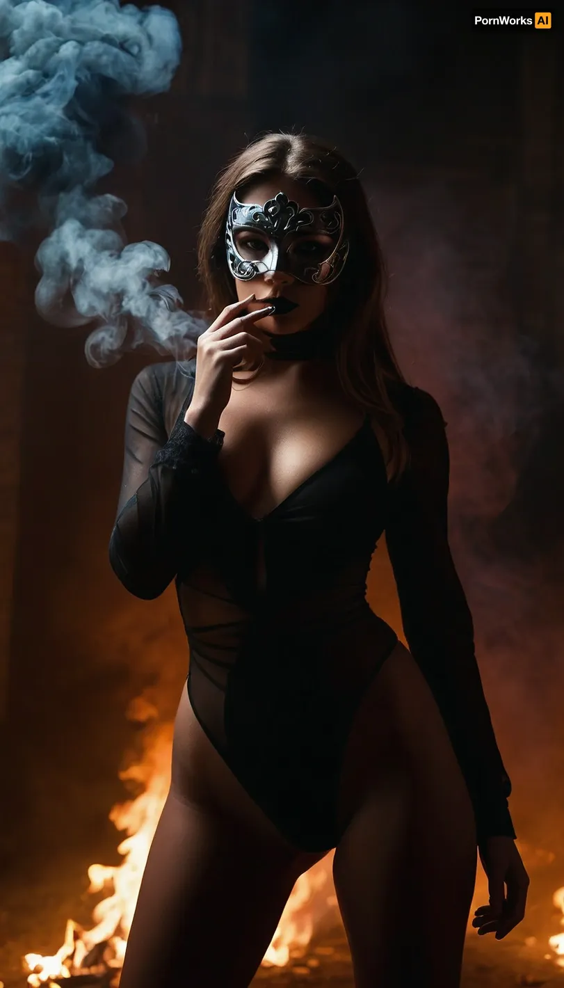 1girl, monstergirl, full body, beatiful, mystery, mysterious, masked half-face, smoke, gloom, calm, threat, sexuality, lust, sexy, danger, pathos, a cool pose, a dominant pose
