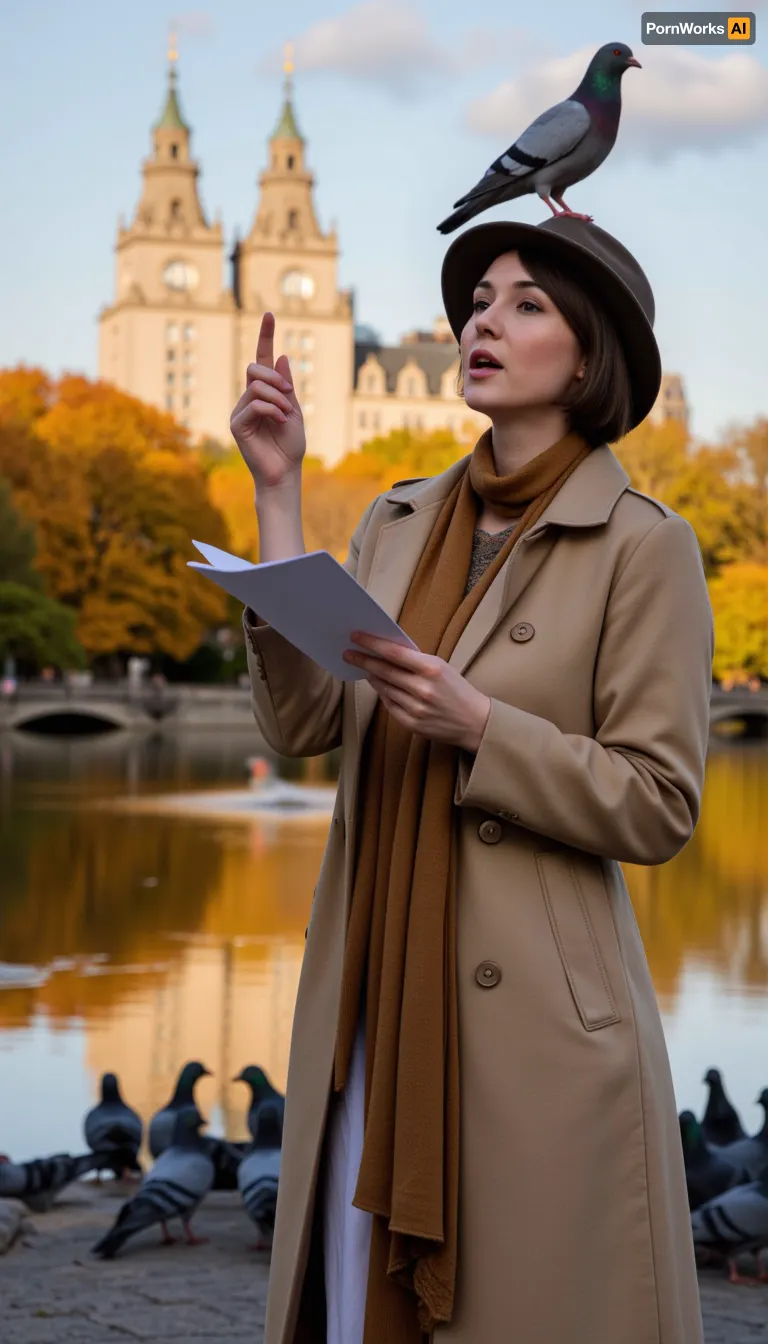 A upper body portrait of an eccentric poetess, (she reciting poetry with expressive gestures:1.4), in Central Park, New York, surrounded by a flock of pigeons, a bird sitting on her head, wearing layered trench coat and hat. The Plaza Hotel reflects in the pond, Gapstow Bridge, autumn trees and golden leaves on the background. The atmosphere is sunset-lit, cinematic. High detail, warm toned