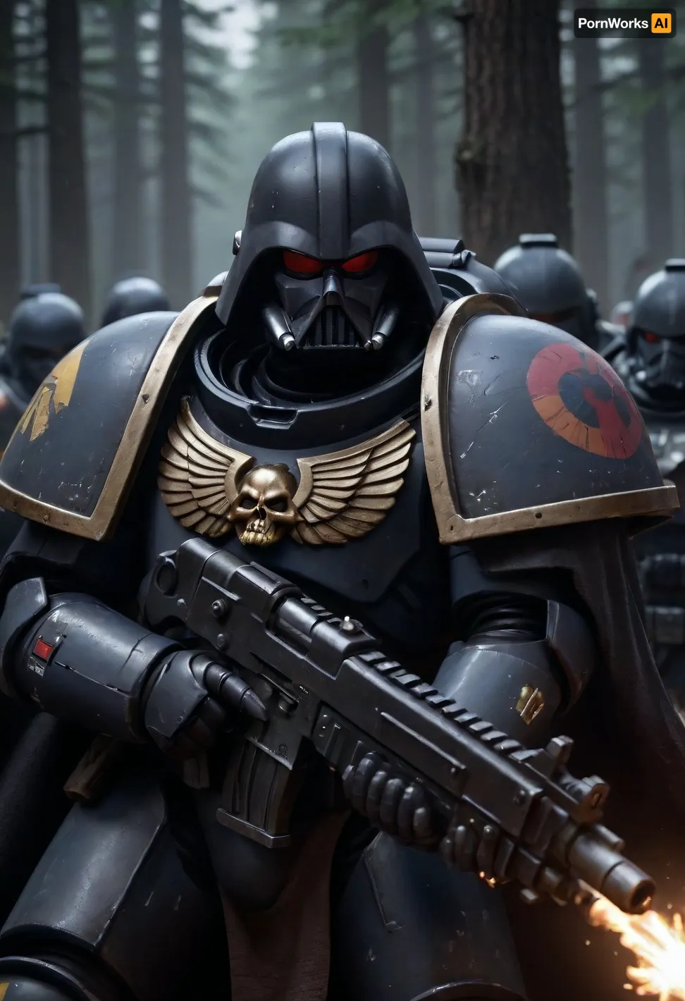 Darth Vader in a black space marine's power armor on the battlefield, fighting against Wookiee in the Star Wars forest, Knight, black colourful armor, black hooded cloak, holding, bolter, power, primaris, helmet, with defeated Wookiees in the background, <lora:primaris_marine-knight_armor-000007:.8>