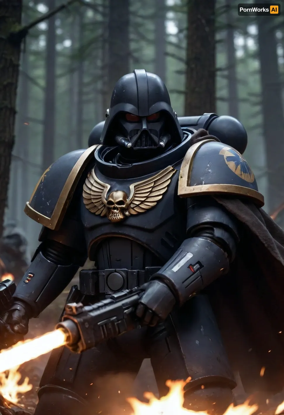 Darth Vader in a black space marine's power armor on the battlefield, fighting against Wookiee in the Star Wars forest, Knight, black colourful armor, black hooded cloak, holding, bolter, power, primaris, helmet, defeated Wookiees in the background, <lora:primaris_marine-knight_armor-000007:.8>