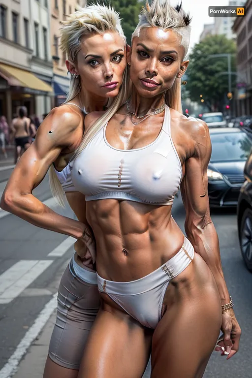 1 woman, 1 man, photography of an, (((anorexic milf woman realistic 65 yo, platinum elegant feminine mohawk hair, very dark tanned skin, aerobics, small bare breasts, pornstar in fitness attire))), kissing at the street an, ((inocent perfectly average quite young man with an average physique and average attractiveness)), urban street background, daylight, abs, toned, fit, athletic, muscular, masculine face, superskinny body, pokies, cameltoe, natural perky athletic tits, tall, tanned, 8k resolution, cinematic, photographic, photorealistic, shot with a dslr, Canon EOS-1D X Mark III, 85 mm f/1.8, STRAIGHT_COUPLE, <lora:more_details:.6>, <lora:StraightCoupleV1:.2>