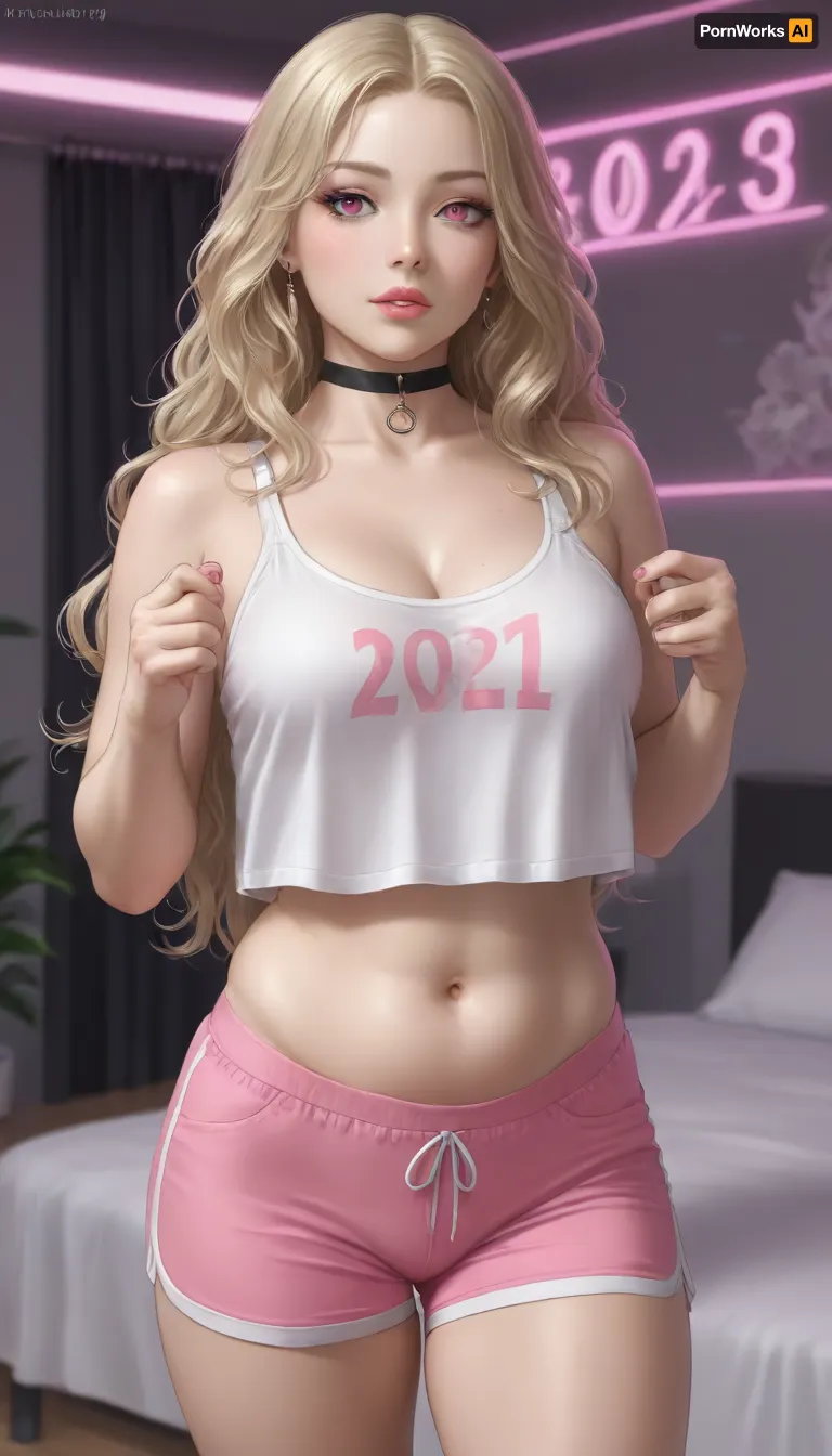 ((18 year old polish girl)), very chubby, light skinned, blonde, curvy, standing next to her bed in her room, c-cup brest, beautiful, small innocent face, wearing loose gym shorts, straight long hair, pink neon lights, black choker, detailed face, ultra high details, luscious lips, dynamic pose, detailed eyes, visible tits