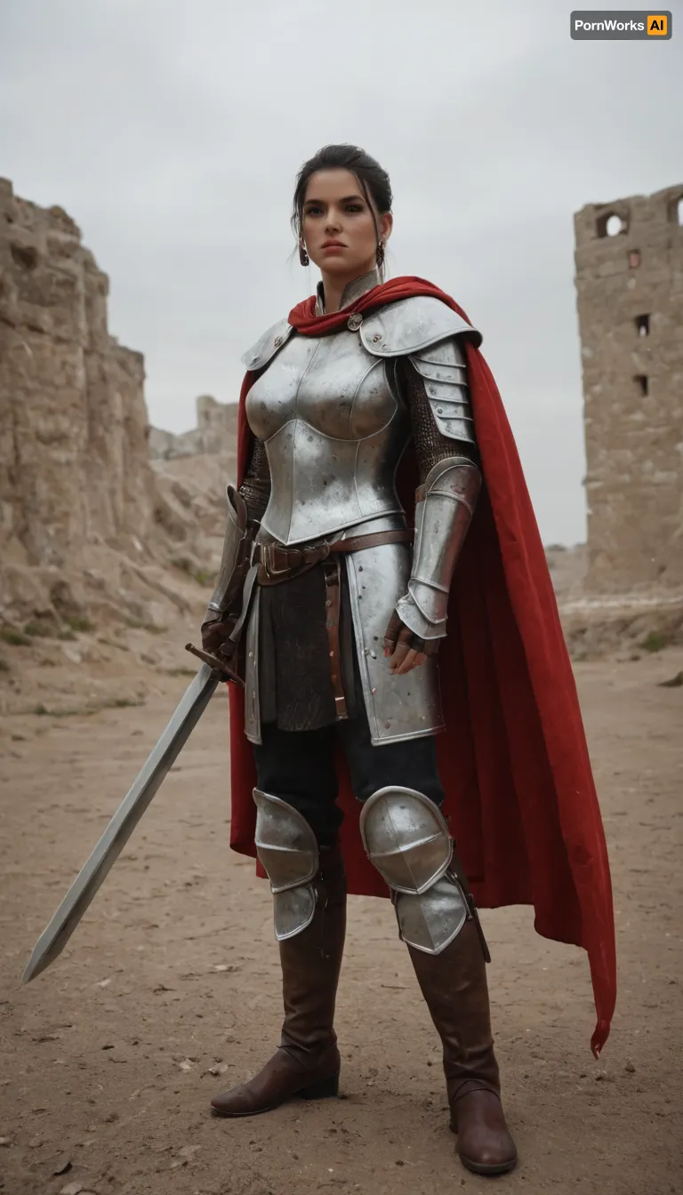 Cassandra Pentaghast from Dragon Age, Inquisition, tall and imposing warrior with a strong athletic build, olive-toned skin, short black hair, sharp brown eyes, stern but noble expression, large bimbo breasts. Wearing her iconic Seeker armor, black and silver plate armor with red accents and the Seeker insignia, heavy gauntlets and boots, long flowing cape. Armed with a longsword, standing with disciplined posture. Background of a battlefield, Chantry courtyard, or Inquisition war council chamber. Ultra-realistic high fantasy art, highly detailed, cinematic heroic atmosphere, commanding presence.