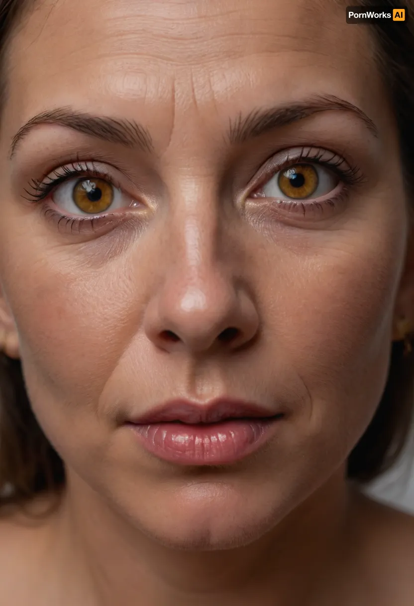 Lubica stepaunt, 60 years old, milf, wrinkles, wrinkled skin, stretchmarks, mature hair, light brunette hair, (piercing amber color eyes:1.4), looking directly at the camera, direct eye contact, smiling eyes, (symmetrical face), big plump juicy lips, lips parted, playful mood, bright-eyed, piercing gaze, intense gaze, wide open eyes, **hyper-detailed irises**, highly detailed skin, natural skin texture, human skin, detailed skin pores, realistic skin, imperfect skin, subtle blemishes, beauty marks, stretch marks, olive skin, aged skin, fine lines, (tanlines:1.3), tan lines, laugh lines, sun-kissed skin, chubby round face, chubby cheeks, subtle makeup, red lipstick, subtle contouring, facing the camera, slightly turned, simple background, shallow depth of field, (((UHD 8K, masterpiece, best quality, maximum details, natural lighting, extreme realism, cinematic still))), RAW photo, subject, (high detailed skin:1.1), 8k uhd, soft lighting, high quality, film grain, Fujifilm XT3, ((high quality, 4k, realistic, high detailed, insanely detailed, real, best quality, ultra-detailed, fine detail, professional photography, taken with Canon EOS 5D Mark IV DSLR, aperture f/8, shutter speed 1/250 sec, ISO 100, highres, 8k wallpaper, cinematic lighting, masterpiece, heavily upvoted)), ((masterpiece)), high detail, complex details, OverallDetail, perfect lighting, professional realistic photo