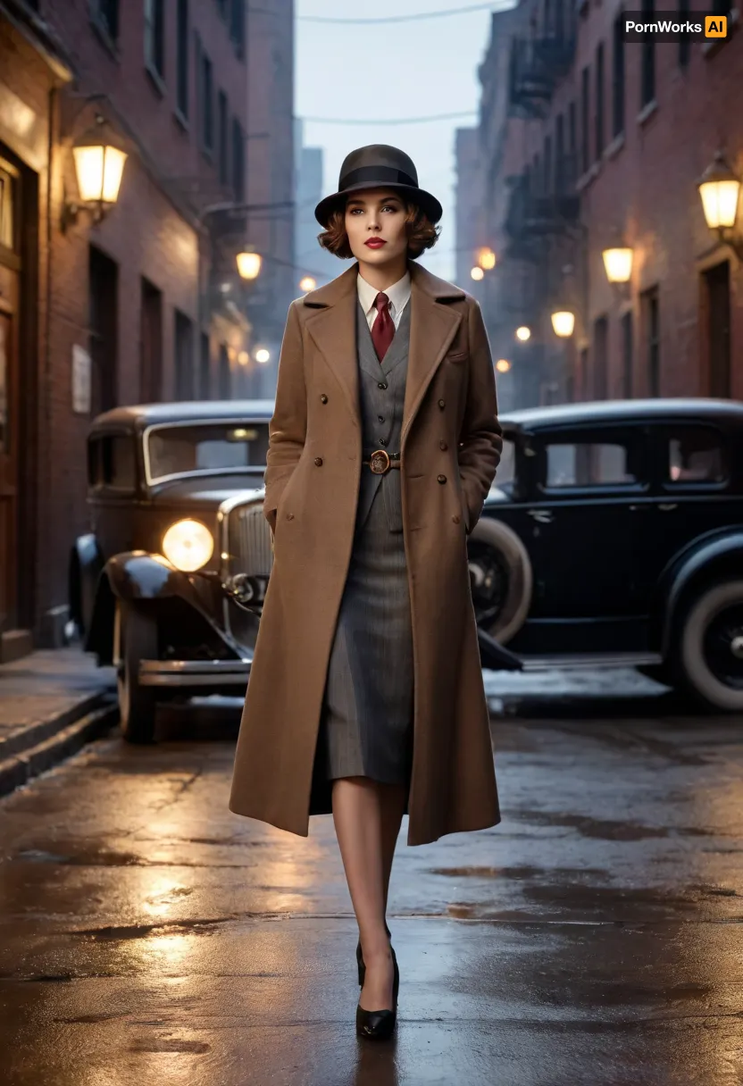 Dottie Bacon from Empire of Sin, tough and intimidating mob boss from Prohibition-era Chicago. Strong and stocky build, stern expression with sharp eyes, short wavy brown hair tucked under a cloche hat. Wearing a 1920s gangster outfit, tailored pinstripe suit with vest and tie, long overcoat, and polished shoes. Holding a Thompson submachine gun, exuding ruthless confidence. Standing in a dimly lit alleyway with vintage cars, neon signs, and speakeasy doors glowing behind her, smoky noir atmosphere. Ultra-realistic 1920s art deco style, highly detailed, cinematic dramatic lighting, gritty and dangerous mood.