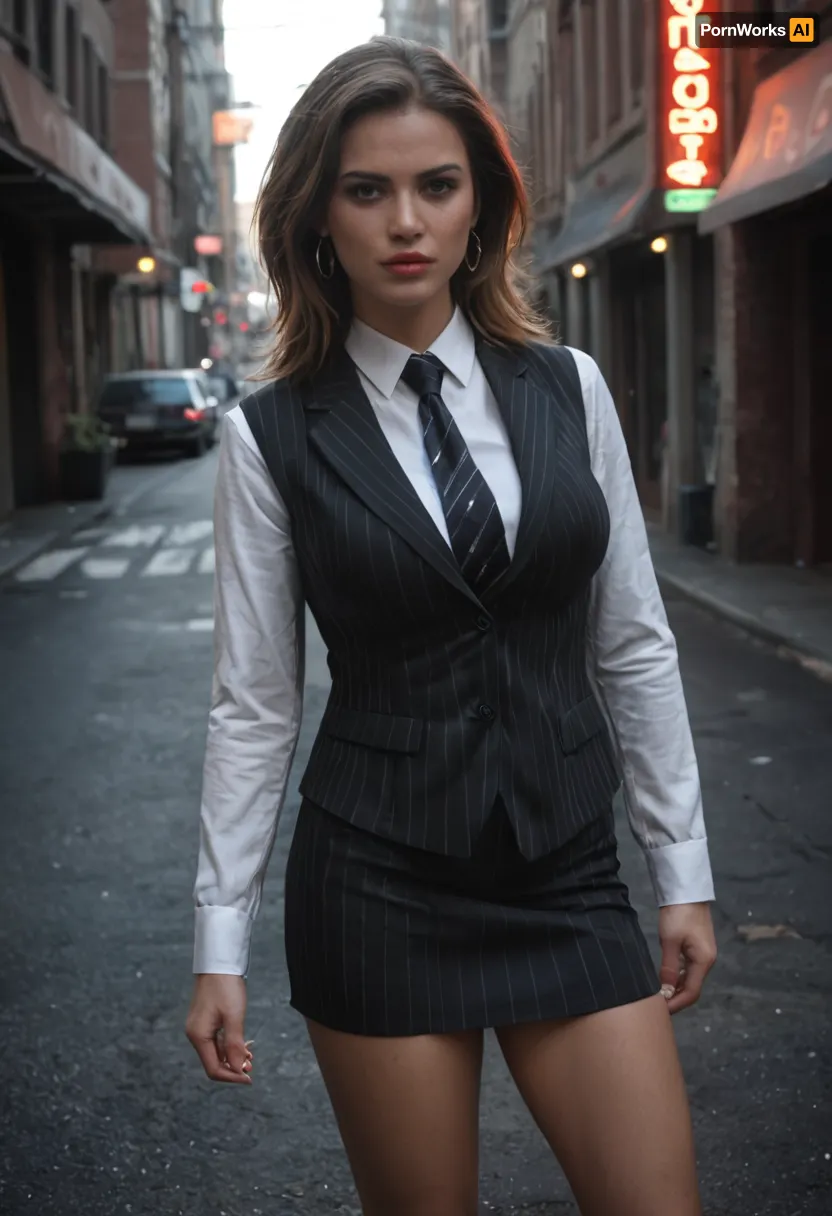 Dottie Bacon from Empire of Sin, tough and intimidating female gangster from Prohibition-era Chicago. Strong and stocky build, stern expression with sharp eyes, short wavy brown hair, large bimbo breasts. Wearing a 1920s gangster outfit, tailored pinstripe suit with vest and tie, short skirt, and long overcoat. Exuding ruthless confidence. Standing in a dimly lit alleyway with antique cars, neon signs, and speakeasy doors glowing behind her, smoky noir atmosphere. Ultra-realistic 1920s art deco style, highly detailed, cinematic dramatic lighting, gritty and dangerous mood.