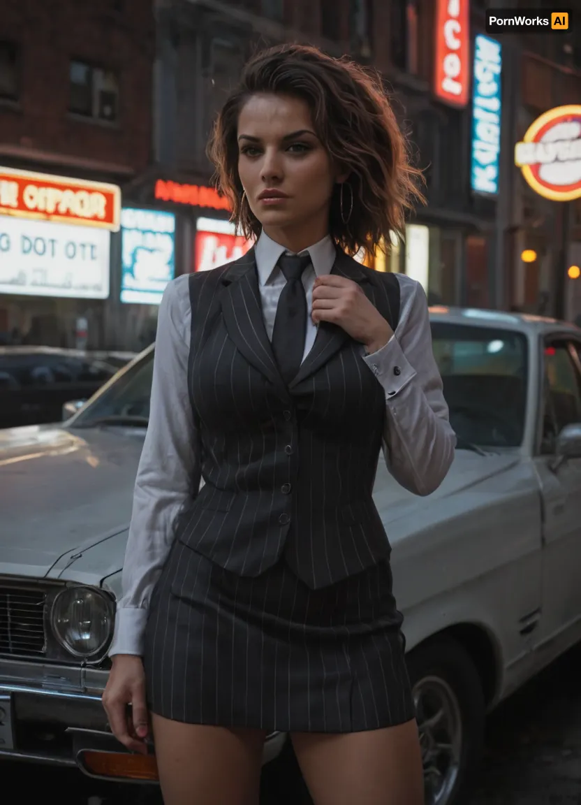 Dottie Bacon from Empire of Sin, tough and intimidating female gangster from Prohibition-era Chicago. Strong and stocky build, stern expression with sharp eyes, short wavy brown hair, large bimbo breasts. Wearing a 1920s gangster outfit, tailored pinstripe suit with vest and tie, short skirt, and long overcoat. Exuding ruthless confidence. Standing in a dimly lit alleyway with antique cars, neon signs, and speakeasy doors glowing behind her, smoky noir atmosphere. Ultra-realistic 1920s art deco style, highly detailed, cinematic dramatic lighting, gritty and dangerous mood.