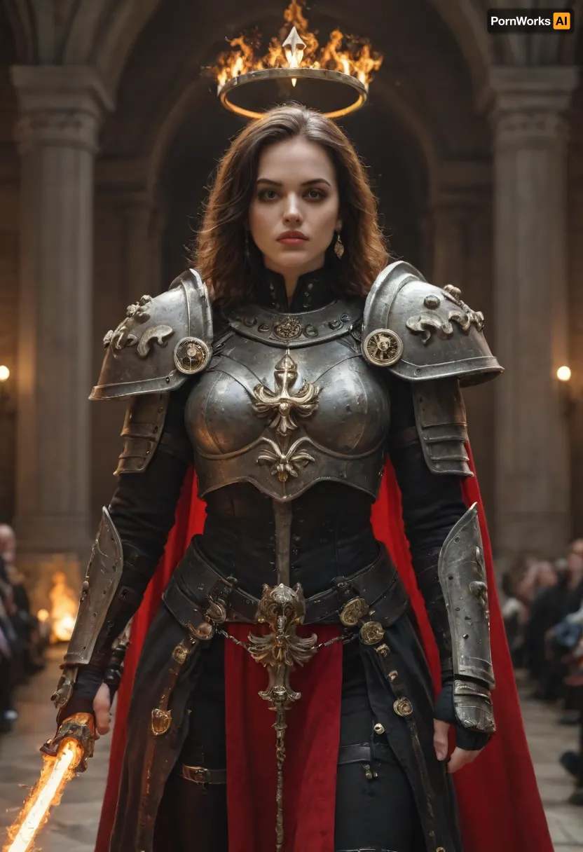 Beautiful but battle-hardened Adepta Sororitas, Sister of Battle from Warhammer 40k. Strong and elegant female warrior, pale skin with flawless features, sharp eyes burning with holy zeal. Wearing ornate black and silver powered armor adorned with purity seals, fleur-de-lis insignias, and red robes flowing beneath the armor. Short-cropped or shoulder-length hair, halo of divine light or glowing eyes symbolizing her faith. Armed with a bolter or flaming sword, standing amidst a ruined cathedral battlefield with stained glass shattered and holy fire burning. Ultra-realistic grimdark gothic art, highly detailed, cinematic lighting, epic and sacred atmosphere.
