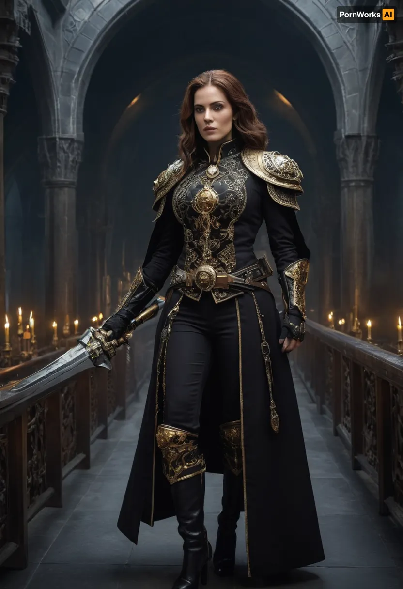 Beautiful female Rogue Trader from Warhammer 40k, tall and commanding with an aura of nobility and danger. Elegant yet battle-ready build, pale flawless skin, piercing eyes filled with ambition, long flowing hair styled regally. Wearing ornate voidsuit or high gothic coat with gilded trim, decorated with purity seals, rosettes, and aquila insignia. Armed with a master-crafted power sword in one hand and a plasma pistol in the other, standing confidently on the bridge of a massive voidship. Surrounded by gothic starship architecture, stained glass, servo-skulls, cogitators, and banners of the Imperium. Ultra-realistic grimdark gothic sci-fi art, highly detailed, cinematic lighting, atmosphere of wealth, faith, and ruthless power.