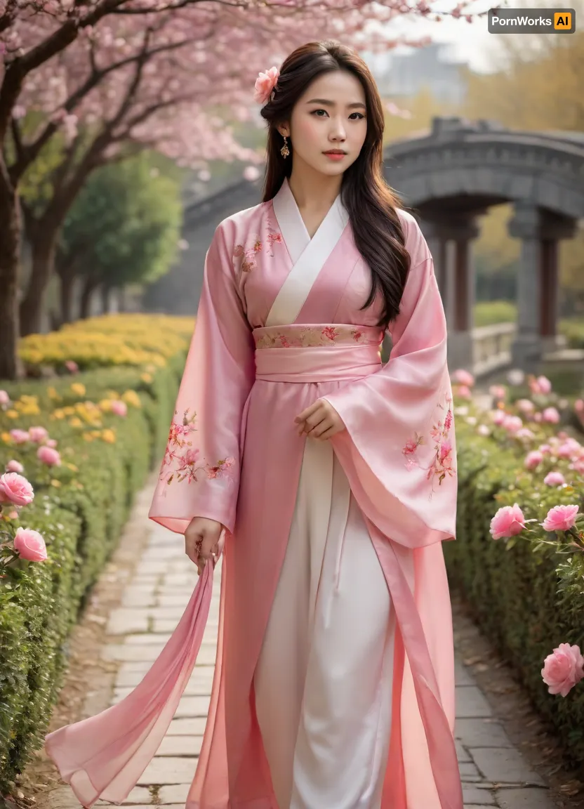 (masterpiece), (best quality), (extremely detailed CG unity 8k wallpaper), (photorealistic:1.4), (realistic:1.4), beautiful young asian woman, delicate features, medium shot, full body, walking pose, elegant Chinese hanfu, traditional pink flowing hanfu with floral embroidery, white pants, serene garden, winding stone path, blooming cherry blossom trees, pink petals, lush rose bushes, (pink roses, yellow roses, red roses), on both sides, bridge in background, soft natural light, warm atmosphere, tranquil, peaceful, studio lighting, highly intricate, sharp focus, volumetric lighting, light rays, depth of field