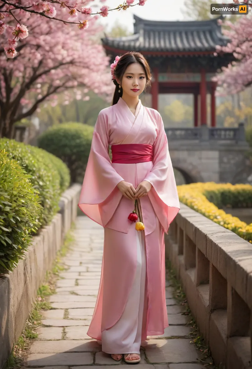 (masterpiece), (best quality), (extremely detailed CG unity 8k wallpaper), (photorealistic:1.2), (realistic:1.2), beautiful young asian woman, delicate features, medium shot, full body, walking pose, elegant Chinese hanfu, traditional pink flowing hanfu with floral embroidery, white pants, holding a traditional pink paper umbrella, serene garden, winding stone path, blooming cherry blossom trees, pink petals, lush rose bushes, (pink roses, yellow roses, red roses), on both sides, traditional Chinese architecture, bridge in background, soft natural light, warm atmosphere, tranquil, peaceful, studio lighting, highly intricate, sharp focus, volumetric lighting, light rays, depth of field