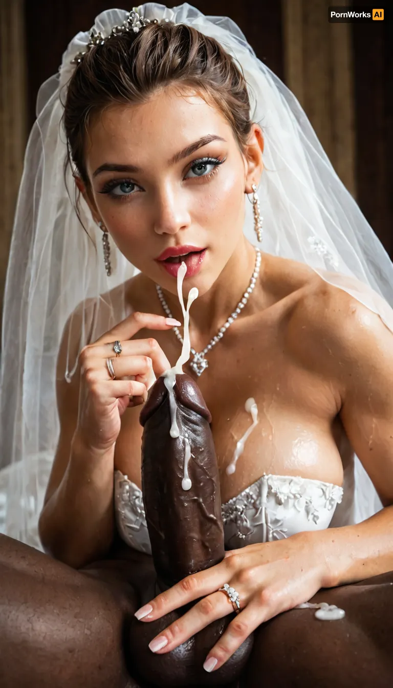 interracial, close up image of her hands and her wedding rings., (1 black man takes her hand close to the camera and cumshot on her wedding ring in her wedding ring finger:1.1), . A bride holding her hand close to the camera, focusing on her hand and wedding ring, with clear detail on the ring.
An Iranian bride with curvy, busty features, visibly humiliated, with wet, sticky, glossy cum on her wedding ring and modern transparent wedding dress, surrounded by 3 muscular, aggressive, black-skinned African lux men with large black cocks. super modern strappy sheer wedding dress. she shows her wedding ring, which is glistening in glossy sticky cum to the camera., <lora:681678_training_data:1.1>
