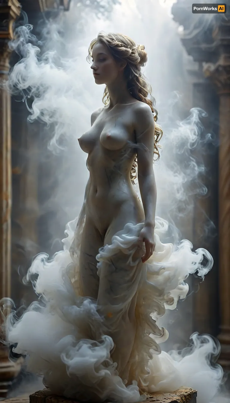 (masterpiece, best quality, ultra-detailed, cinematic lighting, 8k), upper body shot, (Ethereal marble Venus sculpture made of fog:1.2), stretching, myst, dissolved silhouette, curving hips and long hair made of fog, translucent particles glowing with dawn light, volumetric atmosphere, detailed marble texture, artistic macro photography, shallow depth of field, minimalist composition, (pale gold and pearl color palette), dark ancient museum background, chiaroscuro, (sculpture made of fog:1.3), in the style of MarbleStatueXL, msfg, sm0k3dr3ss, <lora:fog_creatures_v4:.5>, <lora:Smoke_Shesh_Dress_XL:.5>, <lora:MJ52:.5>, <lora:MarbleStatueXL:.5>