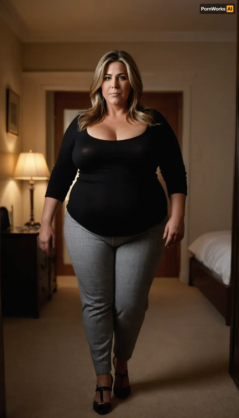 Photorealistic 8K image of a ssbbw mature woman with big wide hips and saggy breasts walking into a softly lit bedroom, facing the camera directly. She maintains the same body shape, outfit, and stride as the reference image, fitted black top, gray checkered pants, black platform shoes with wooden heels. Her hair is dark brown, straight, shoulder-length. Her face is that of a stunning 50-year-old woman with striking amber eyes and elegant features resembling Jennifer Aniston—defined cheekbones, soft confident expression, and timeless beauty. She looks directly into the camera with poise. The bedroom is warmly lit, with soft shadows and cinematic depth. Ultra-detailed textures in skin, fabric, and lighting.