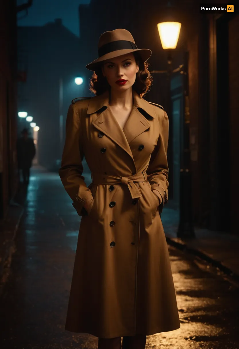 Beautiful female private detective in a 1940s film noir setting. Tall and elegant with a slim, strong build, pale flawless skin, bold red lipstick, piercing eyes filled with suspicion, large bimbo breasts. Wearing a tailored trench coat and fedora hat, short pencil skirt, and stockings. Standing under a flickering streetlamp in a rain-soaked alley, neon sign glowing faintly in the distance. Shadowy figures hinted in the background. Ultra-realistic retro noir art, highly detailed, cinematic chiaroscuro lighting, moody and mysterious atmosphere.